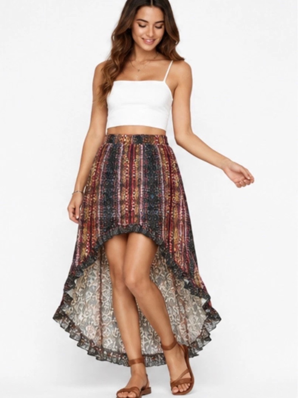 Boho Country Western High Low Midi Skirt Multicolor Ruffled Hem Crochet Large